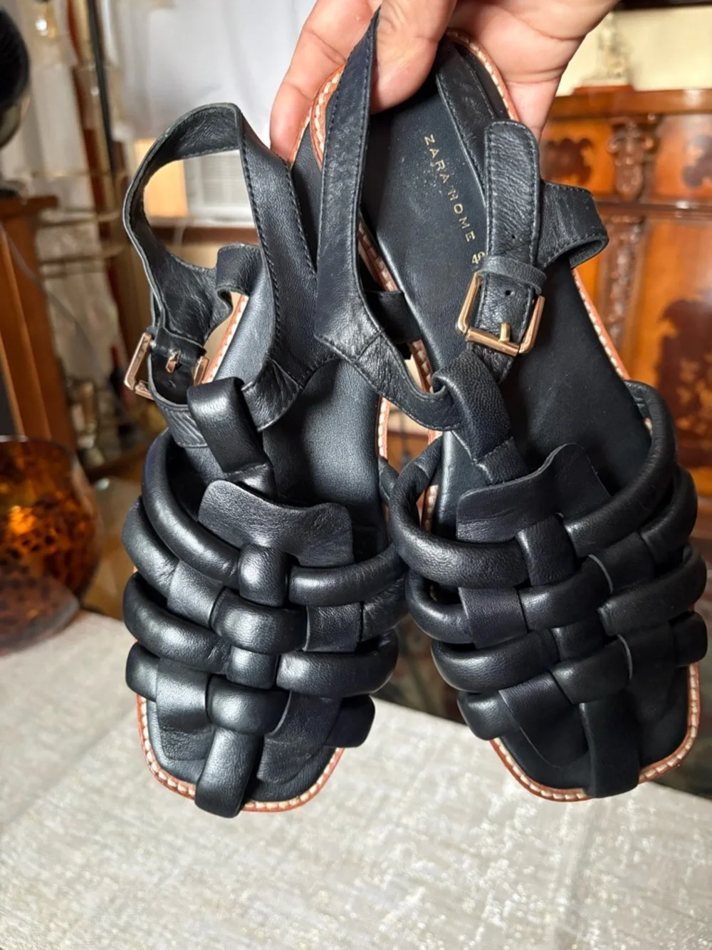 Zara home Black Braided caged Leather Sandals - Picture 7 of 10